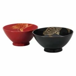 Echizen Shikki Makie Wood Couple Rice Bowls Crane And Tortoise