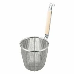 MINEX Stainless Steel Udon Tebo Noodle Strainer Flat Base With Plain Wooden Handle