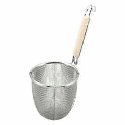 MINEX Stainless Steel Udon Tebo Noodle Strainer Round Base With Plain Wooden Handle